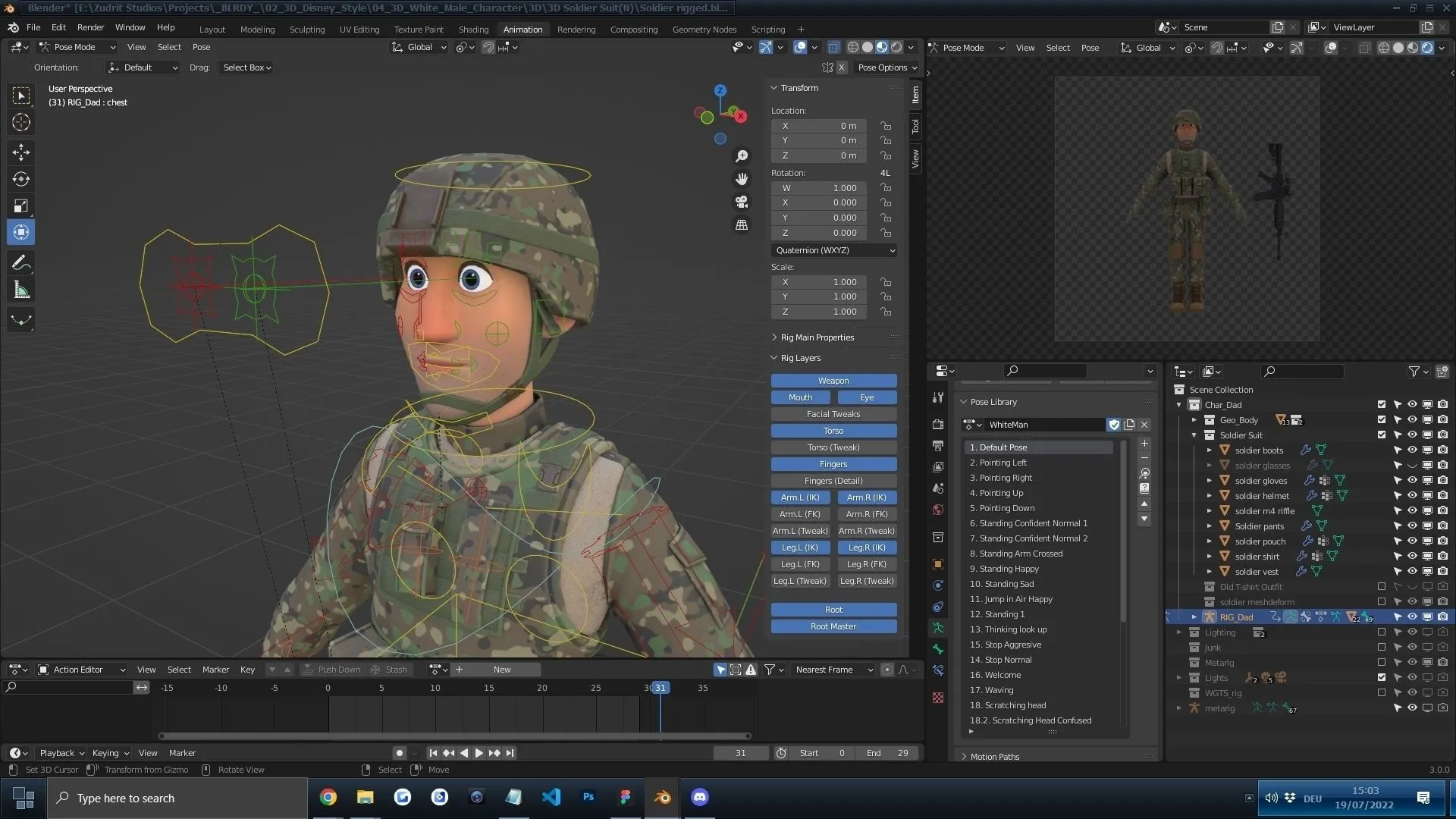 Cartoon Soldier Male Army Character facial rig wireframe
